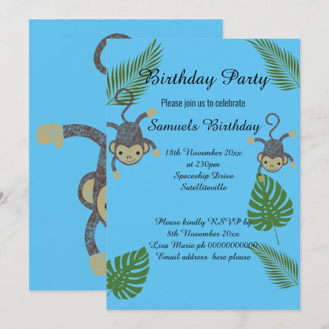 MONKEY JUNGLE BLAUE KINDER GEBURTSTAG EINLADUNG (Vorne/Hinten)