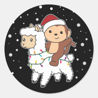 Monkey Lama Weihnachtsschnee Wintertiere Classic Runder Aufkleber