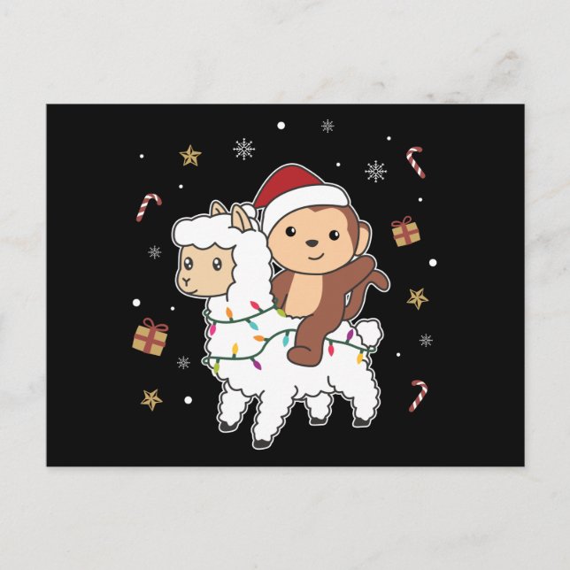 Monkey Lama Weihnachtsschnee Wintertiere Postkarte (Vorderseite)