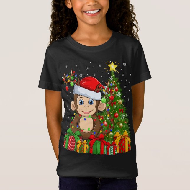 Monkey Lighting Xmas Tree Weihnachtsmannmütze Monk T-Shirt (Vorderseite)