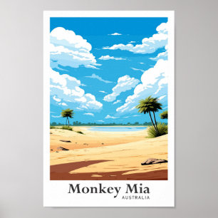 Monkey Mia Australia Vintage Travel Illustration Poster