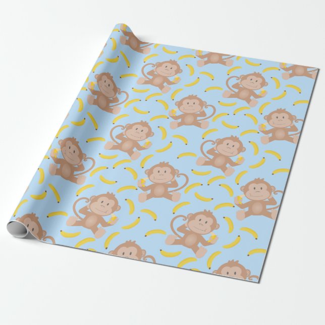 Monkey Munching Banana Blue Geschenkpapier (Ungerollt)
