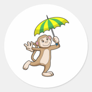 Monkey Rain Umbrella Runder Aufkleber