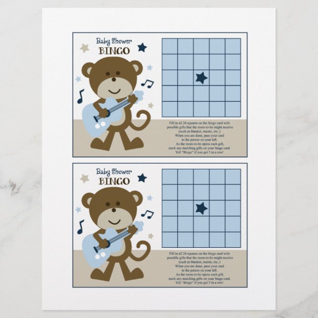 Monkey Rockerstar/Rocker "Baby Shower Bingo" Blatt (Vorderseite)