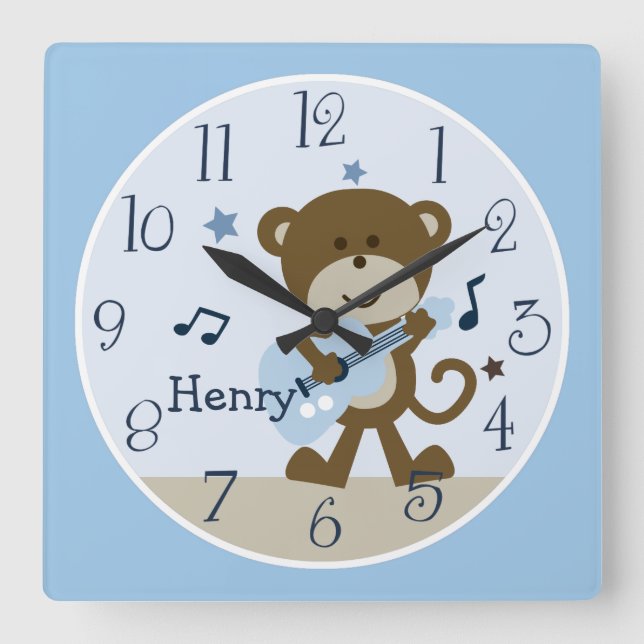 Monkey Rockstar/Musical Kid's Baby Kinderzimmer Cl Quadratische Wanduhr (Vorderseite)