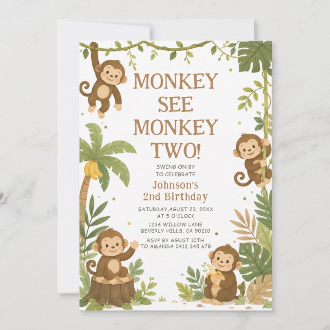 Monkey See Monkey Two Dschungel 2. Geburtstag  Einladung (Vorderseite)