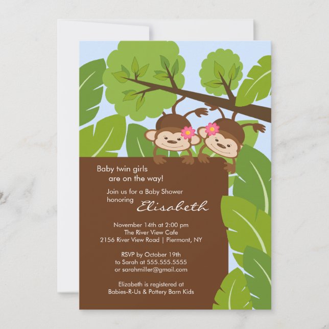 Monkey Twins Baby Shower Invitation Girls Einladung (Vorderseite)