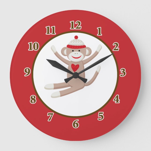 Monkey Wall Clock der Socken (rot) Große Wanduhr (Vorderseite)