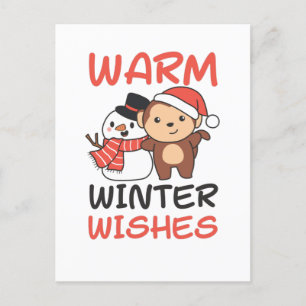 Monkey Warm Winter Wishes Snowman Feiertagspostkarte