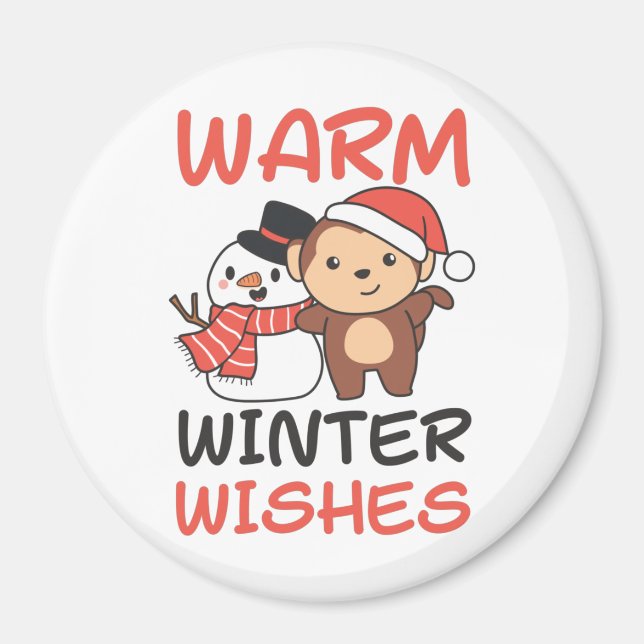 Monkey Warm Winter Wishes Snowman Magnet (Vorne)