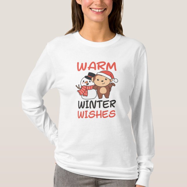 Monkey Warm Winter Wishes Snowman T-Shirt (Vorderseite)