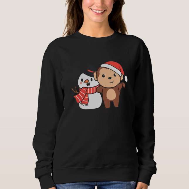 Monkey With Snowman In Winter For Christmas Sweatshirt (Vorderseite)