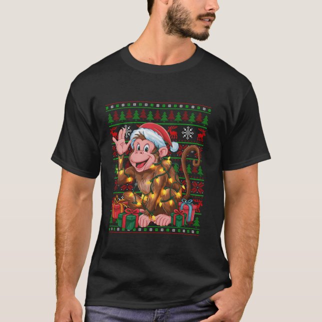 Monkey Xmas Lights Ugy Weihnachtsmannmütze Monkey  T-Shirt (Vorderseite)