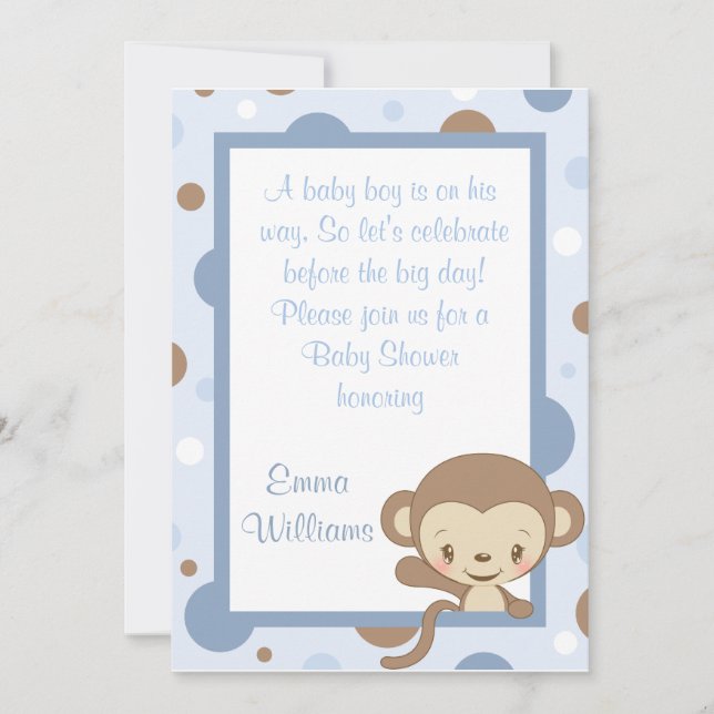 Monkey Zoo Baby Dusche Einladung Blue (Vorderseite)