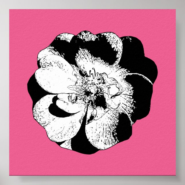 Monochrom-Blumenposter auf Bold Pink - Moderner Po Poster (Vorne)