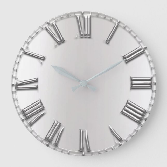Monochrom Grau Metallic Grau Silber römische Zahle Große Wanduhr (Vorderseite)