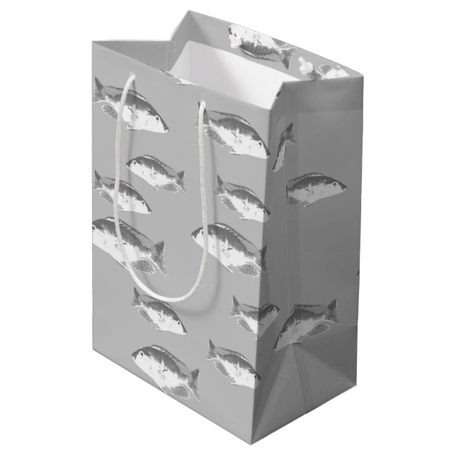 Monochrom-Graufisch Mittlere Geschenktüte (Rückseite Schrägansicht)