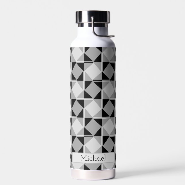 Monochrom Modern Geometric Muster | PERSONALISIERT Trinkflasche (Links)