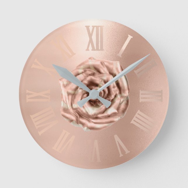 Monochrom Rose Gold Kupfer Metallic römische Zahle Runde Wanduhr (Vorderseite)