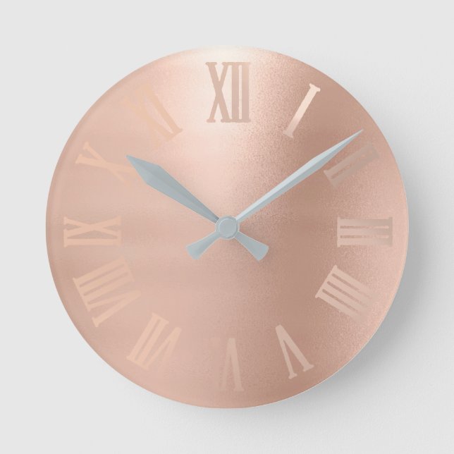 Monochrom Rose Gold Minimal Metallic römische Zahl Runde Wanduhr (Vorderseite)