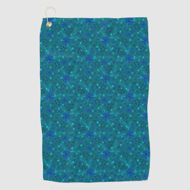 Monochromatic dark turquoise blue retro floral  golfhandtuch (Vorderseite)
