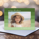 Monochromatic Stripes - Green - 1 Photo Merry Feiertagskarte<br><div class="desc">Use one picture and make a unique and trendy Merry Christmas greeting with a simple green stripe pattern. The olive green colors with a retro vibe make this a minimal, yet sophisticated design. It could be used as a secular holiday greeting or you can change the greeting to match your...</div>