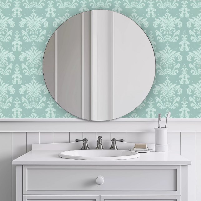 monochromatisch Aquamarin Tapete (Monochromatic Intricate Teal Wallpaper in a white bathroom.)