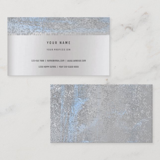 Monochromatische blaue Streifen Delikate Glam Silb Visitenkarte (Vorne/Hinten)