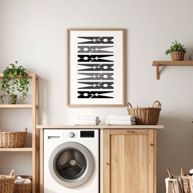 Monochromatische Kleidung Buttone Wäscherei Raum A Poster (monochromatic black, gray and white modern graphic clothes pins art for a fun laundry room)