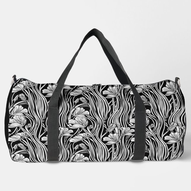 Monochromatische Linie Art Floral Duffle Bag (Vorderseite)