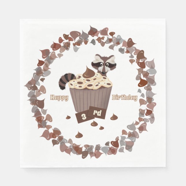 Monochromatische Sneaky Raccoon Cupcake Geburtstag Serviette (Vorderseite)