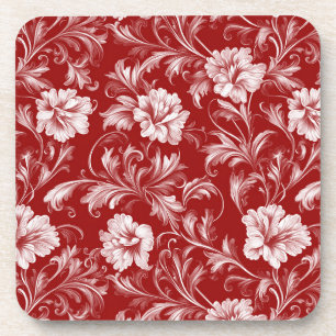 Monochromatisches Barockblumenmuster, weiß auf rot Getränkeuntersetzer