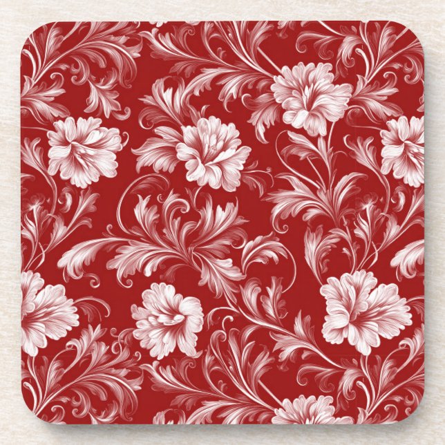 Monochromatisches Barockblumenmuster, weiß auf rot Getränkeuntersetzer (Vorderseite)