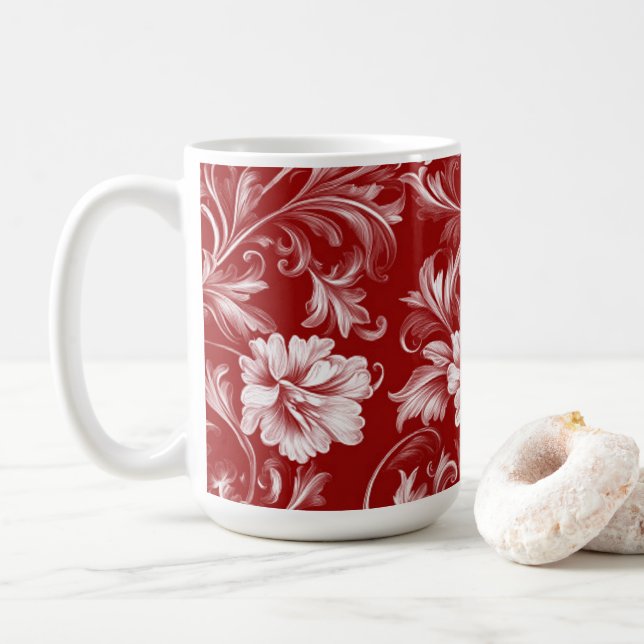 Monochromatisches Barockblumenmuster, weiß auf rot Kaffeetasse (Mit Donut)