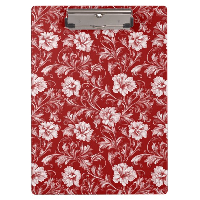 Monochromatisches Barockblumenmuster, weiß auf rot Klemmbrett (Vorderseite)