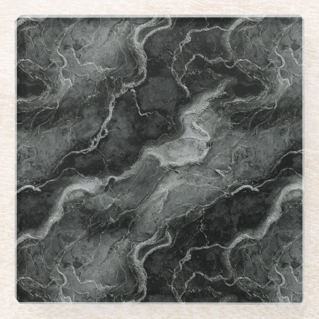 Monochromatisches BLACK-MARBLE Glasuntersetzer (Vorderseite)