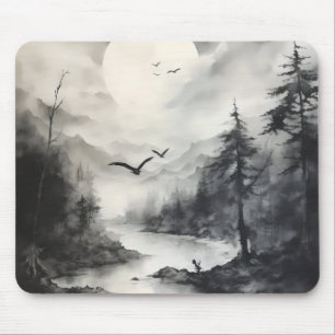 Monochromatisches Landschaftsbild Tintenzeichnung Mousepad