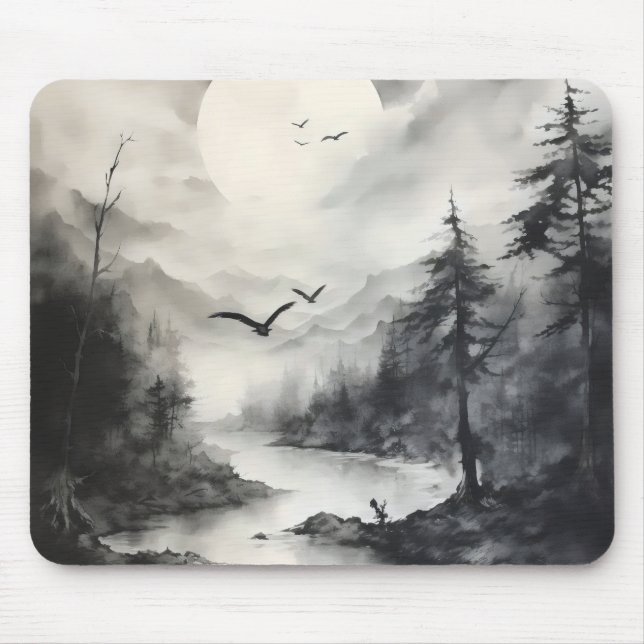 Monochromatisches Landschaftsbild Tintenzeichnung Mousepad (Vorne)