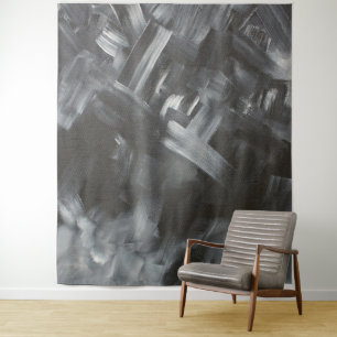Monochrome Abstrakte Pinselstriche Schwarzweiß Wandteppich
