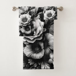 Monochrome antike Flora mit Schmetterlingen Badhandtuch Set