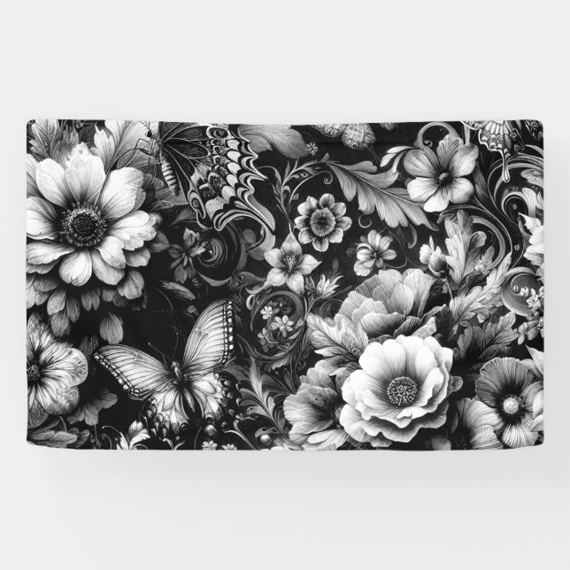 Monochrome antike Flora mit Schmetterlingen Banner (Horizontal)