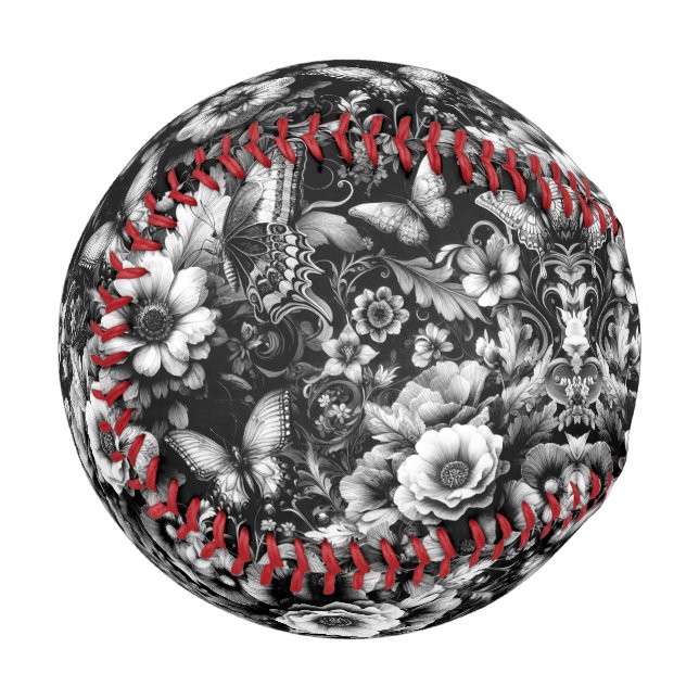 Monochrome antike Flora mit Schmetterlingen Baseball (Vorderseite Links)