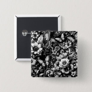 Monochrome antike Flora mit Schmetterlingen Button
