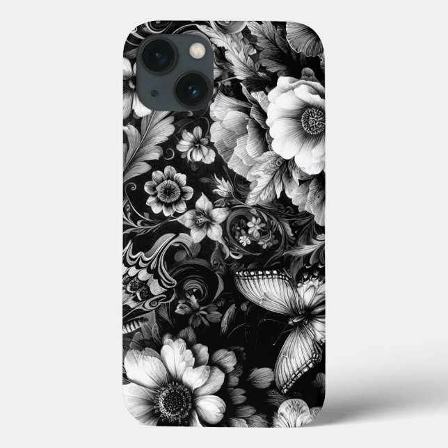Monochrome antike Flora mit Schmetterlingen Case-Mate iPhone Hülle (Rückseite)