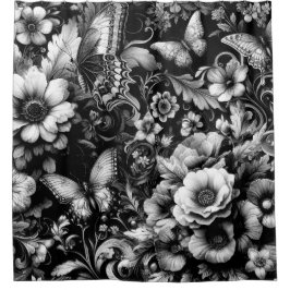 Monochrome antike Flora mit Schmetterlingen Duschvorhang