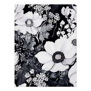 Monochrome Aquarellgarten mit viel Blumen Poster