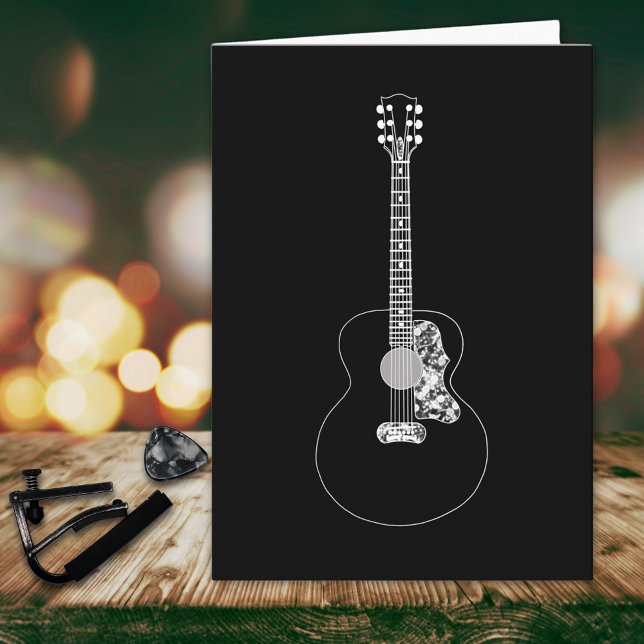 Monochrome Art Acoustic Gitarre Musikinstrument Karte (Simple acoustic guitar black and white line art drawing cool music themed personalized birthday card)