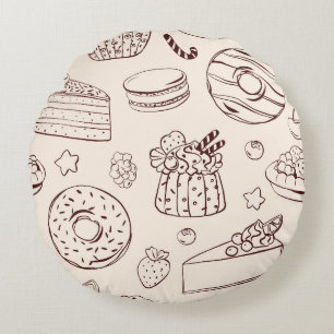 Monochrome Bäckerei Delights Line Art Muster Rundes Kissen