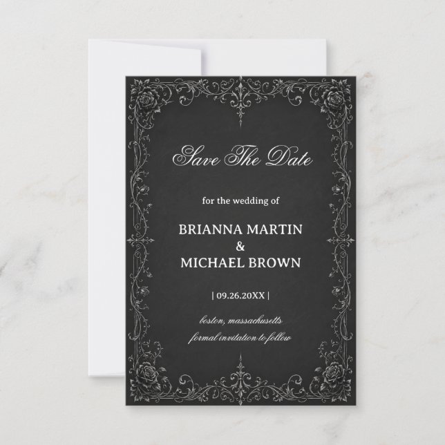 Monochrome Barockrose Save The Date (Vorderseite)