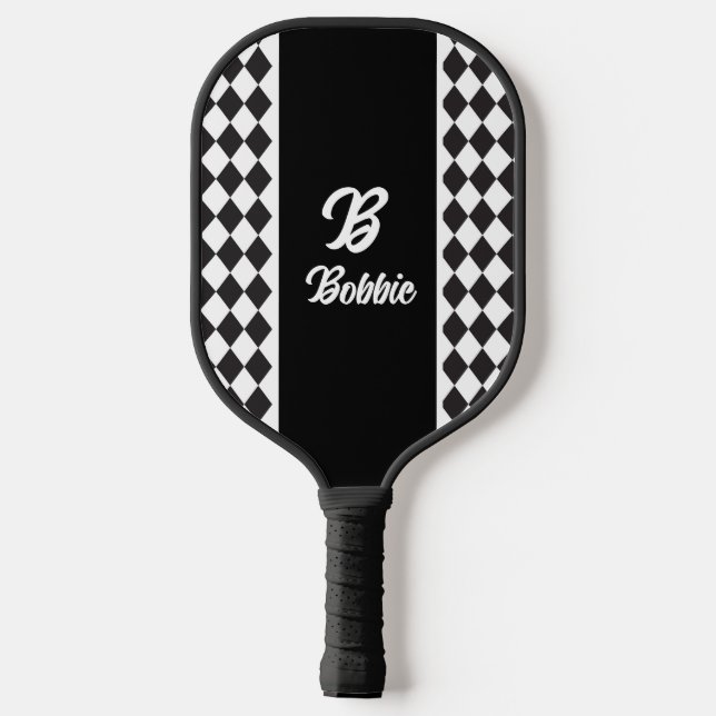 Monochrome Black And White Argyle  Pickleball Schläger (Rückseite)
